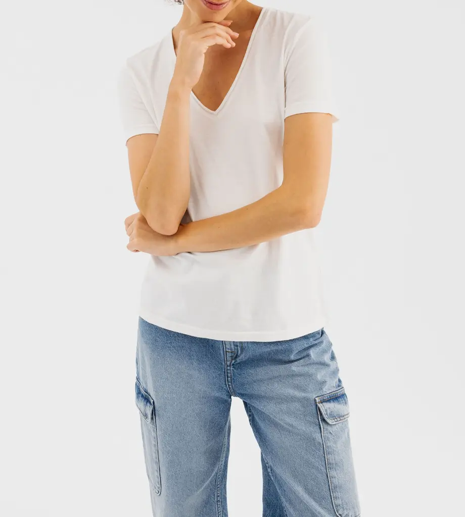 REOBO-TEE-SHIRT MC COL V FEMME BLANC (S)