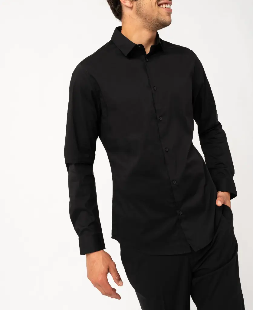 [25GE00014] KEFATO-CHEMISE ML COL CLASSIQUE HOMME NOIR (XS)
