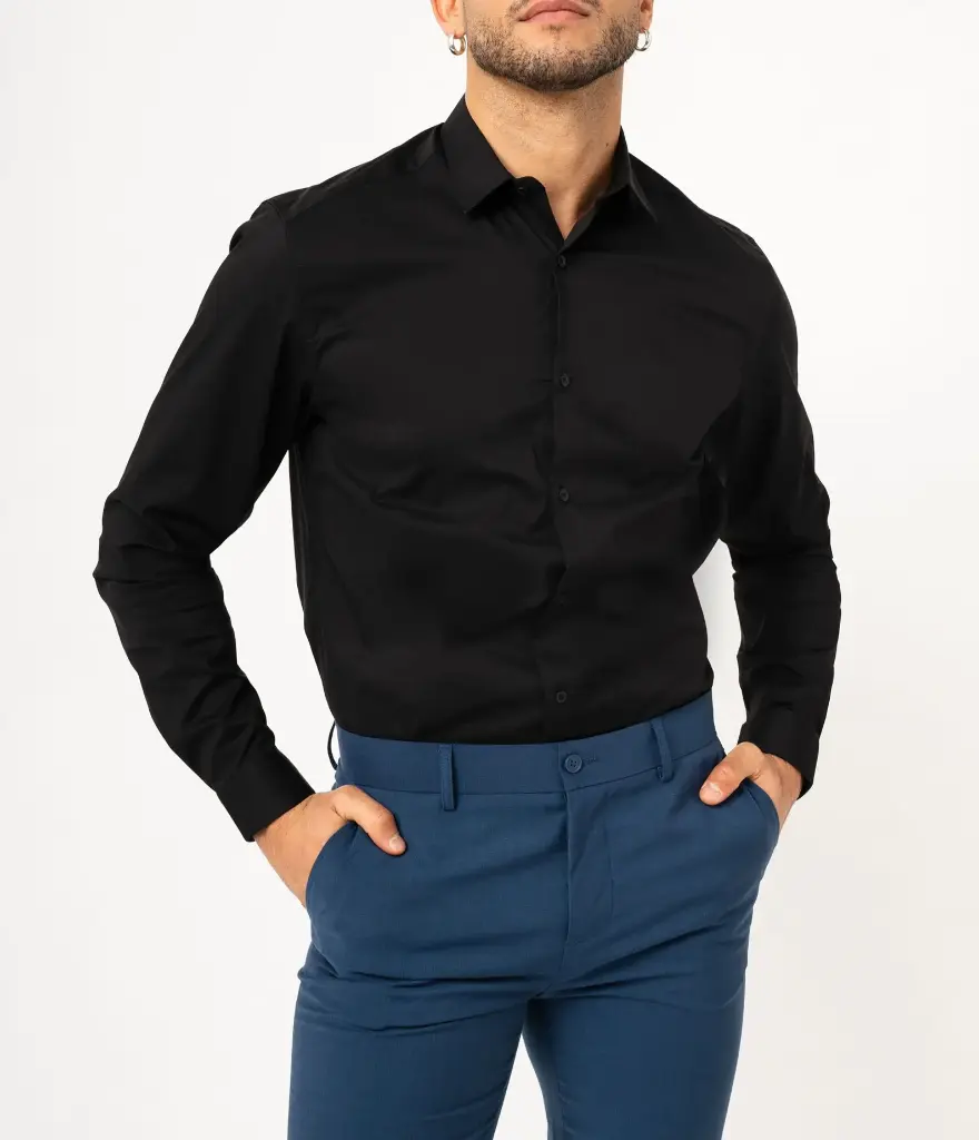 [25GE00064] QELA-CHEMISE ML COL CLASSIQUE HOMME NOIR (S)