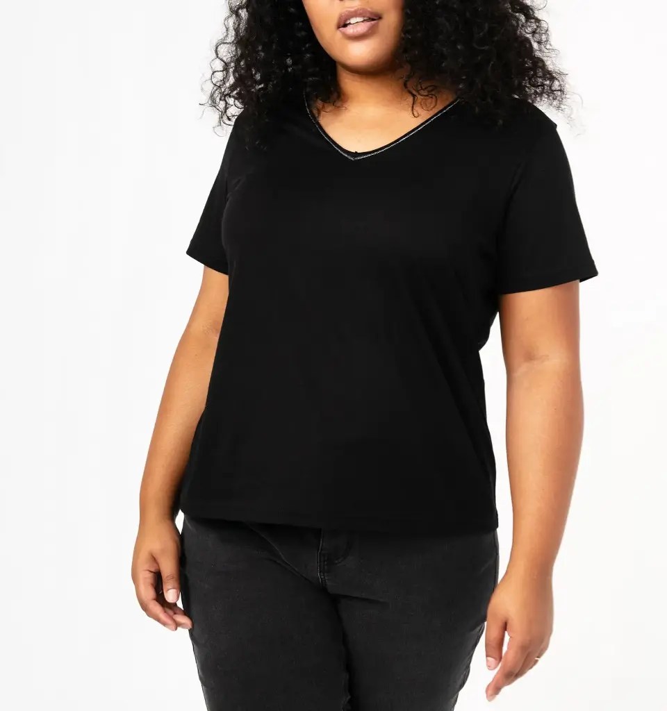 RABORD-TEE-SHIRT MC COL V FEMME NOIR