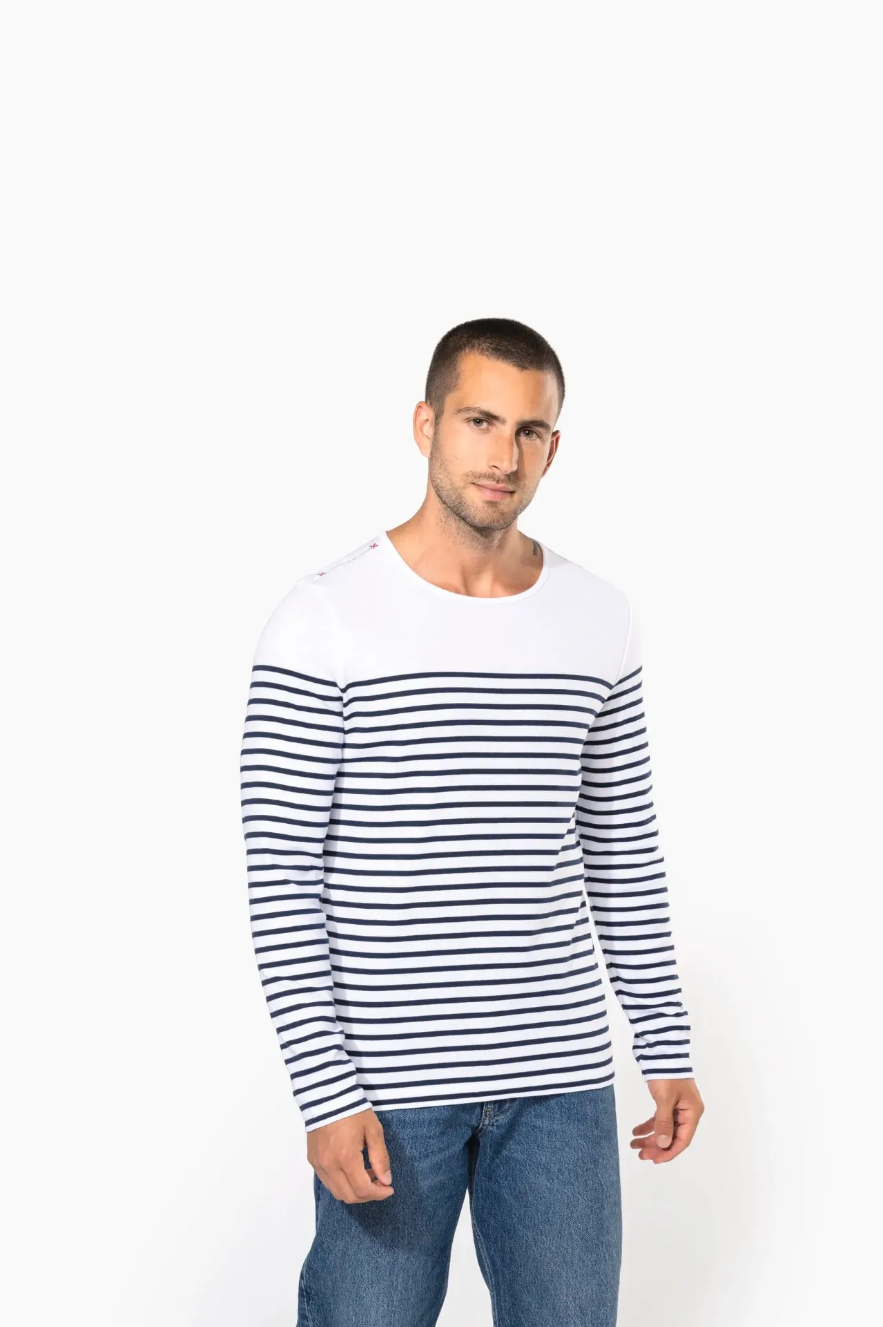 [K366] SAILOR-TEE-SHIRT ML MARINIÈRE HOMME (Blanc, S)